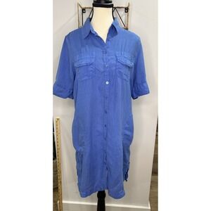 Escales Paris Blue Linen‎ Bottom Dress shirt Women's Size L Short Sleeve